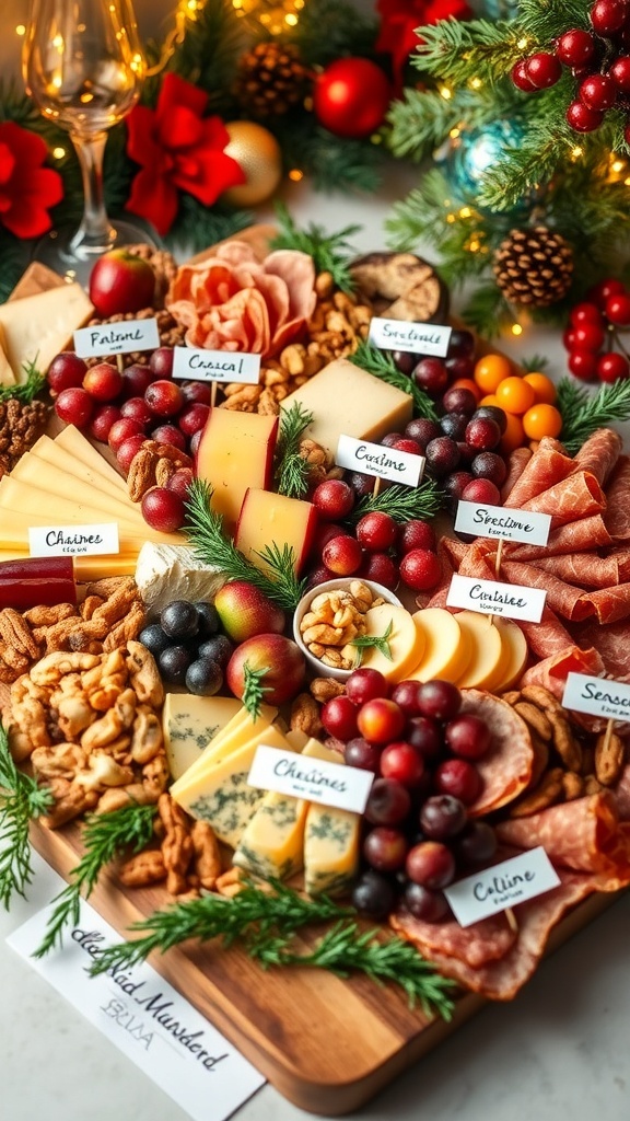 A festive Christmas charcuterie board with meats, cheeses, fruits, and nuts, garnished with herbs and labeled items.